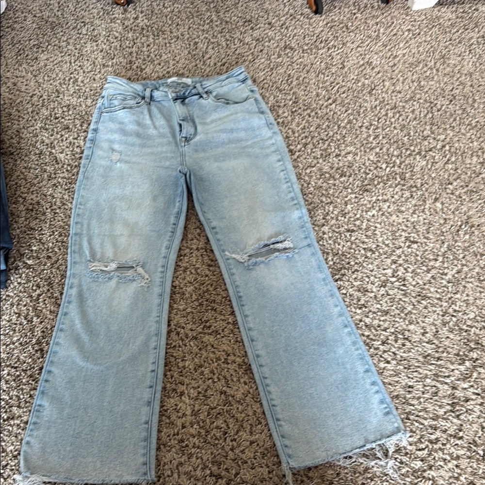 Blue Flare Wide Leg Jeans with Distressed Details